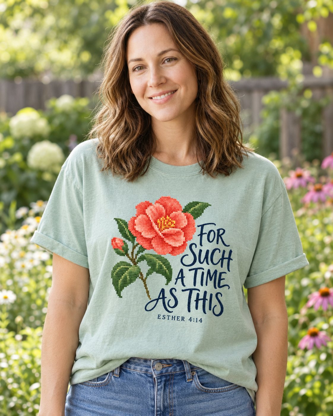 Esther 4:14 Cross Stitch, Bay women's Christian tee, lifestyle photo in outdoor garden, Cross-stitch camellia with For Such A Time As This script, She Wears Faith