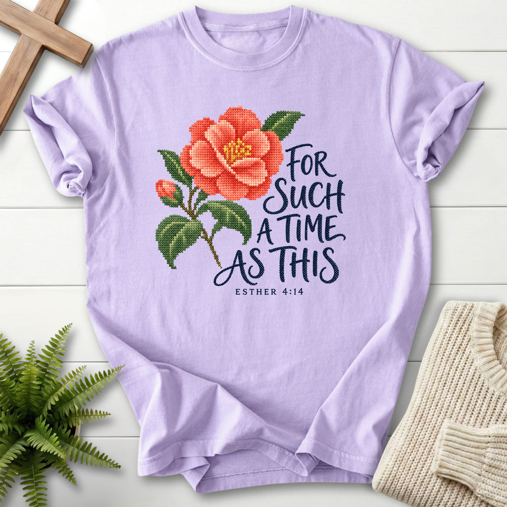 Orchid Esther 4 14 Cross Stitch T-shirt flat lay mockup, Esther 4:14 Christian apparel for women