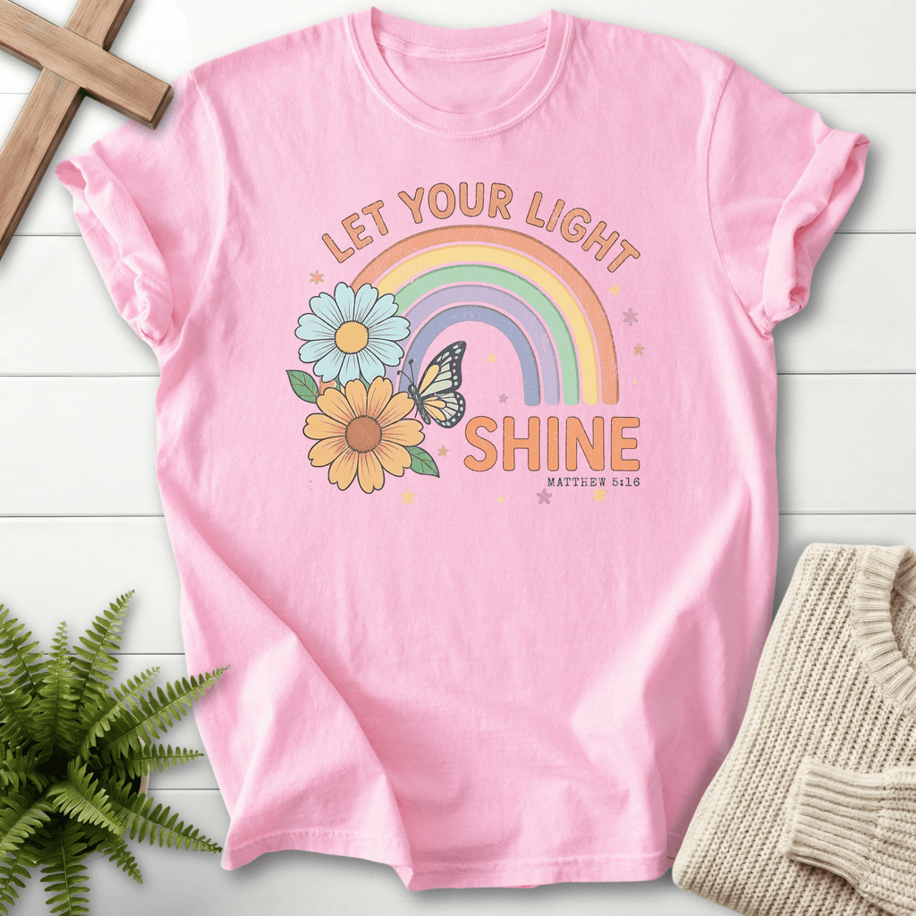 Blossom women's Christian t-shirt with retro floral rainbow and "Let Your Light Shine" lettering, inspired by Matthew 5:16.