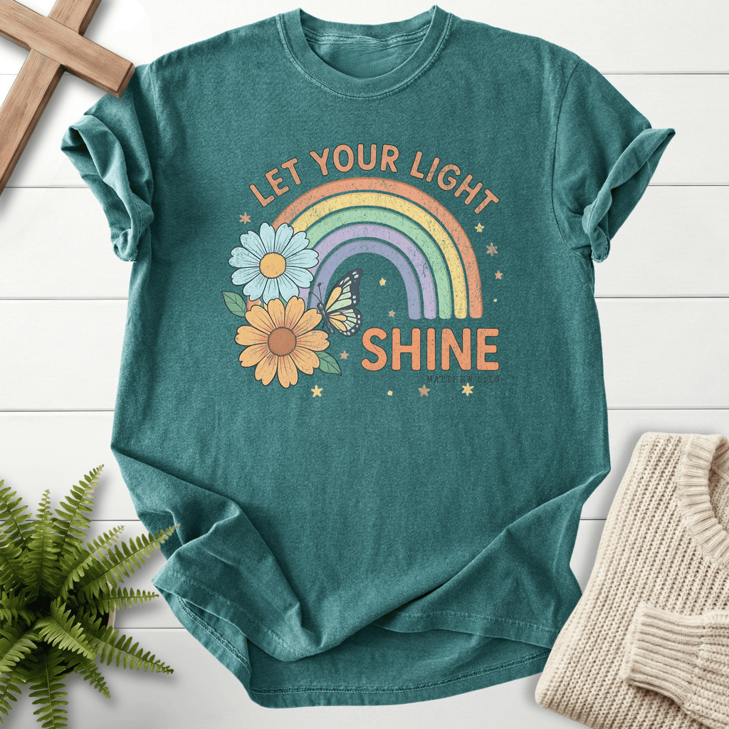 Blue Spruce women's Christian t-shirt with retro rainbow, daisies, and butterfly, inspired by Matthew 5:16.