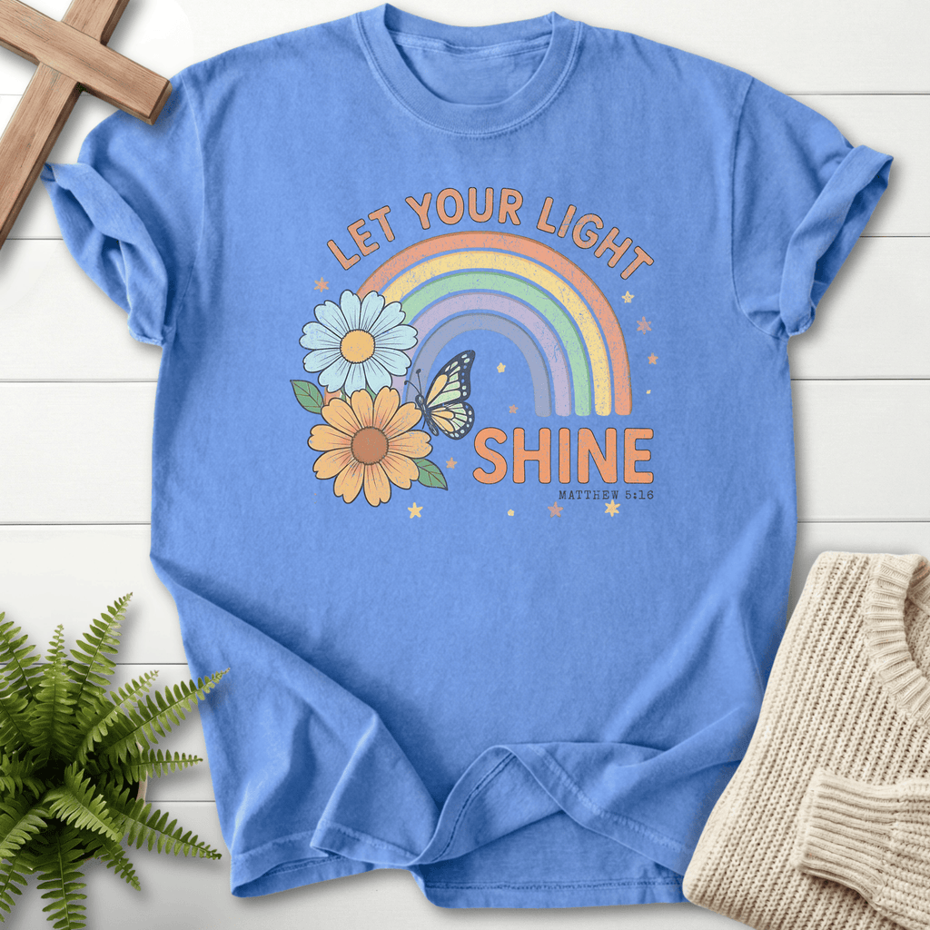 Mystic Blue women's faith t-shirt with retro rainbow and blooming wildflower art, inspired by Matthew 5:16.