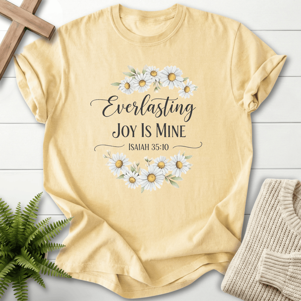 Banana yellow women's faith t-shirt with a watercolor daisy wreath and 'Everlasting Joy Is Mine', inspired by Isaiah 35:10.