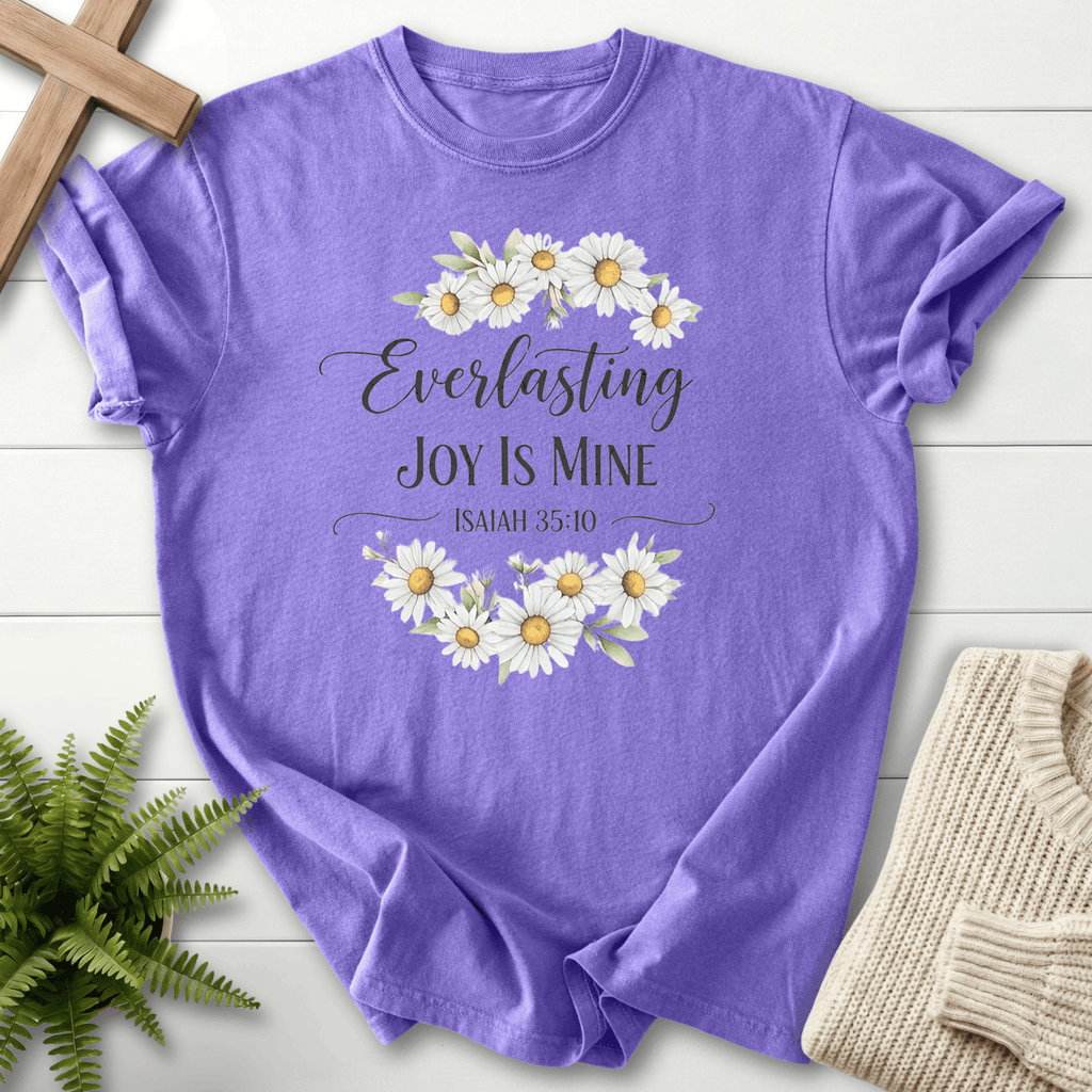 Violet women's faith t-shirt with a white daisy wreath and 'Everlasting Joy Is Mine', inspired by Isaiah 35:10.