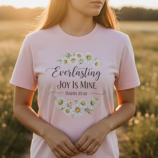 Woman standing in a sunlit field wearing a Comfort Colors 1717 blossom pink “Everlasting Joy Is Mine – Isaiah 35:10” t-shirt. A joyful women’s scripture tee perfect for daily inspiration or thoughtful Christian mom gift ideas.