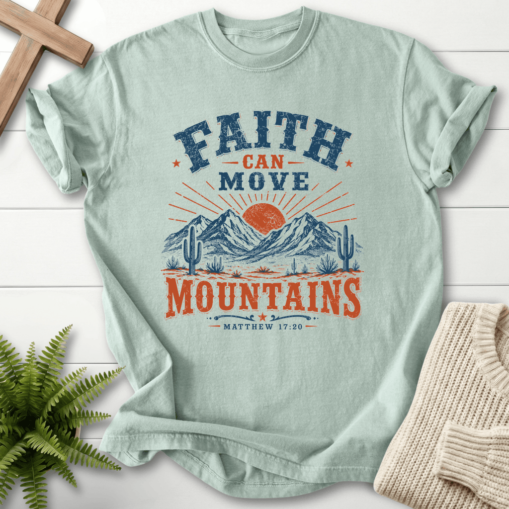 Faith Can Move Mountains Matt 17 20 T-Shirt in Bay | She Wears Faith