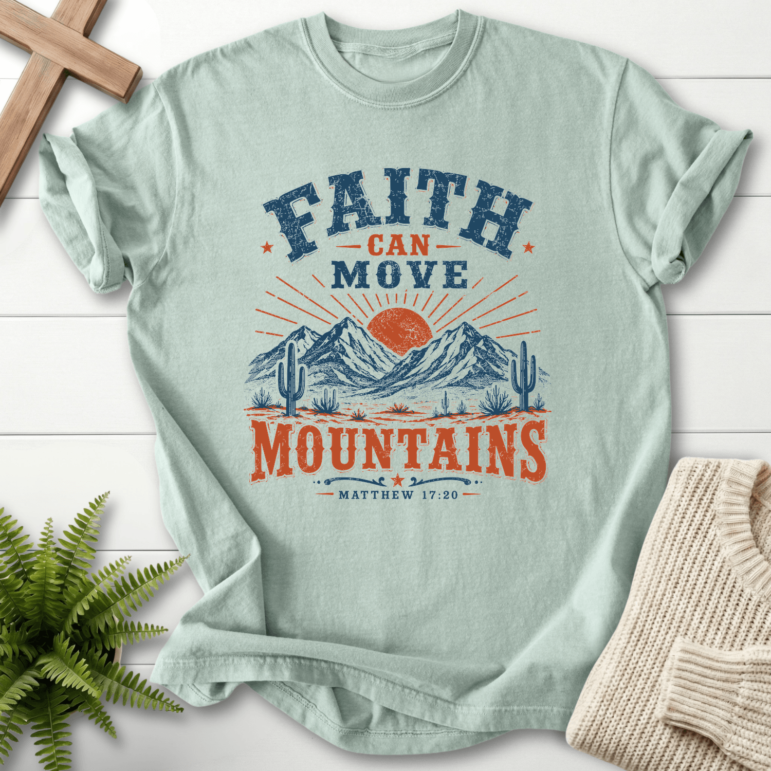 Faith Can Move Mountains Matt 17 20 T-Shirt in Bay | She Wears Faith