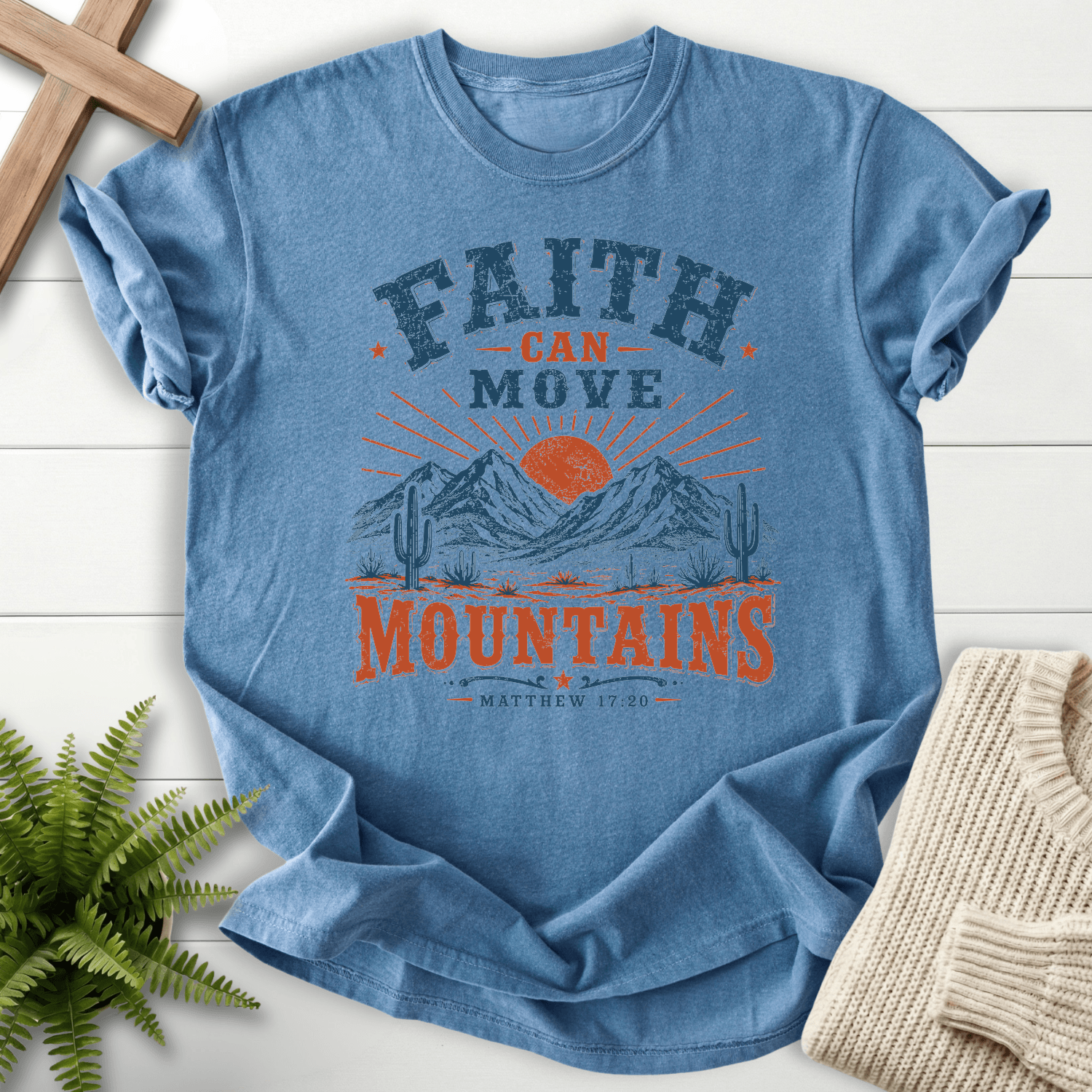 Faith Can Move Mountains Matt 17 20 T-Shirt in Blue Jean | She Wears Faith