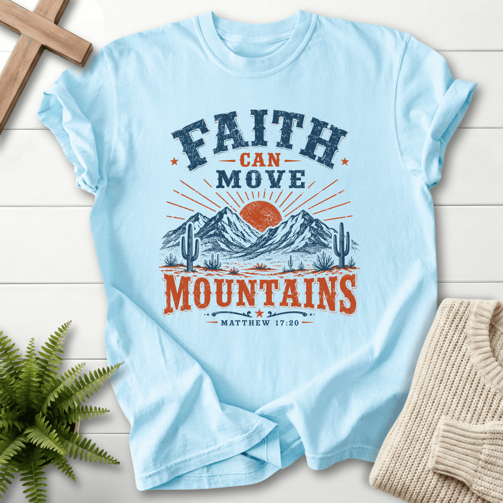 Faith Can Move Mountains Matt 17 20 T-Shirt in Chambray | She Wears Faith