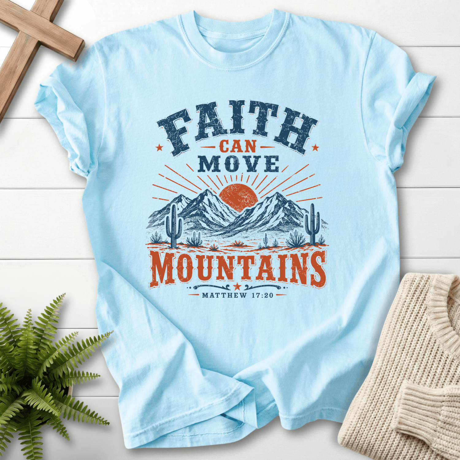 Faith Can Move Mountains Matt 17 20 T-Shirt in Chambray | She Wears Faith