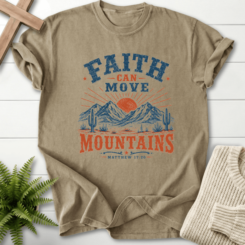 Faith Can Move Mountains Matt 17 20 T-Shirt in Khaki | She Wears Faith