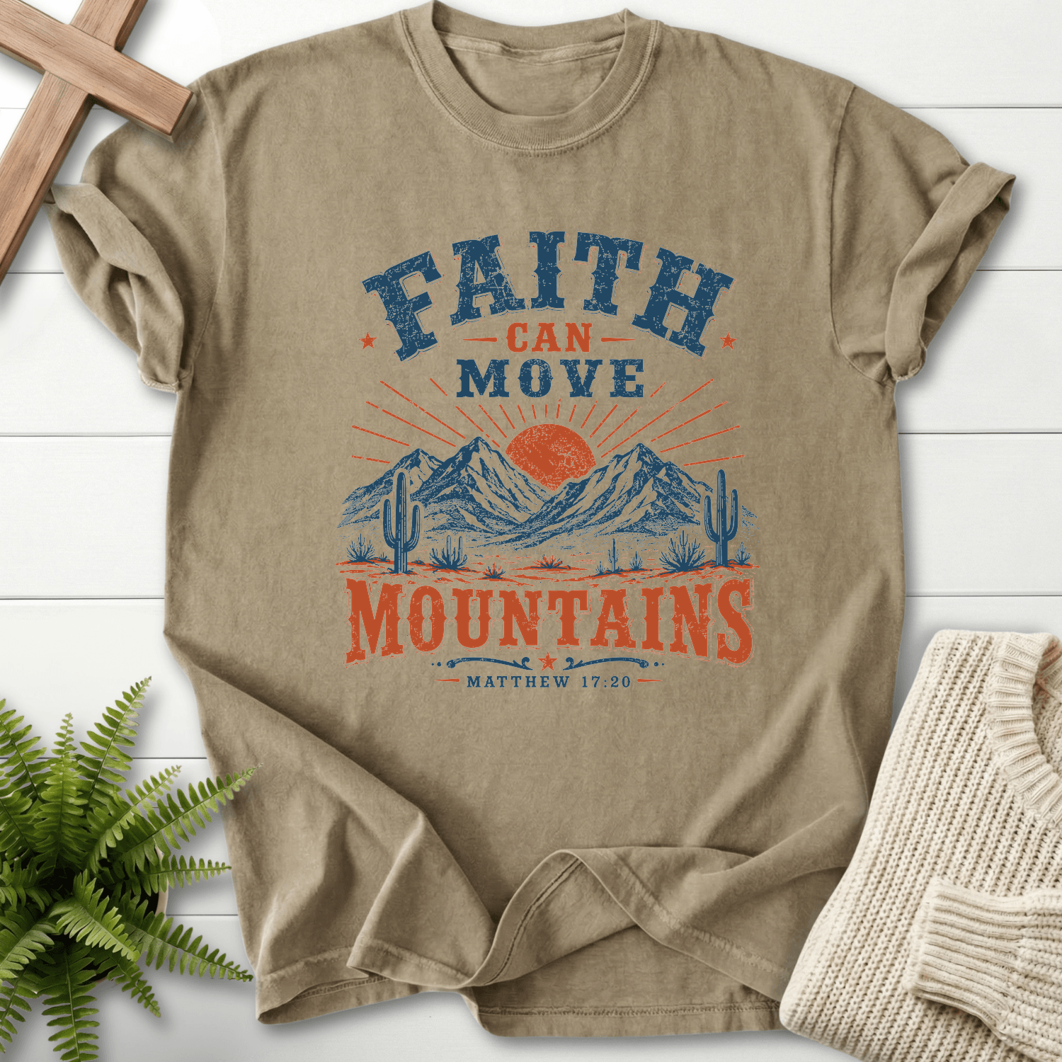 Faith Can Move Mountains Matt 17 20 T-Shirt in Khaki | She Wears Faith