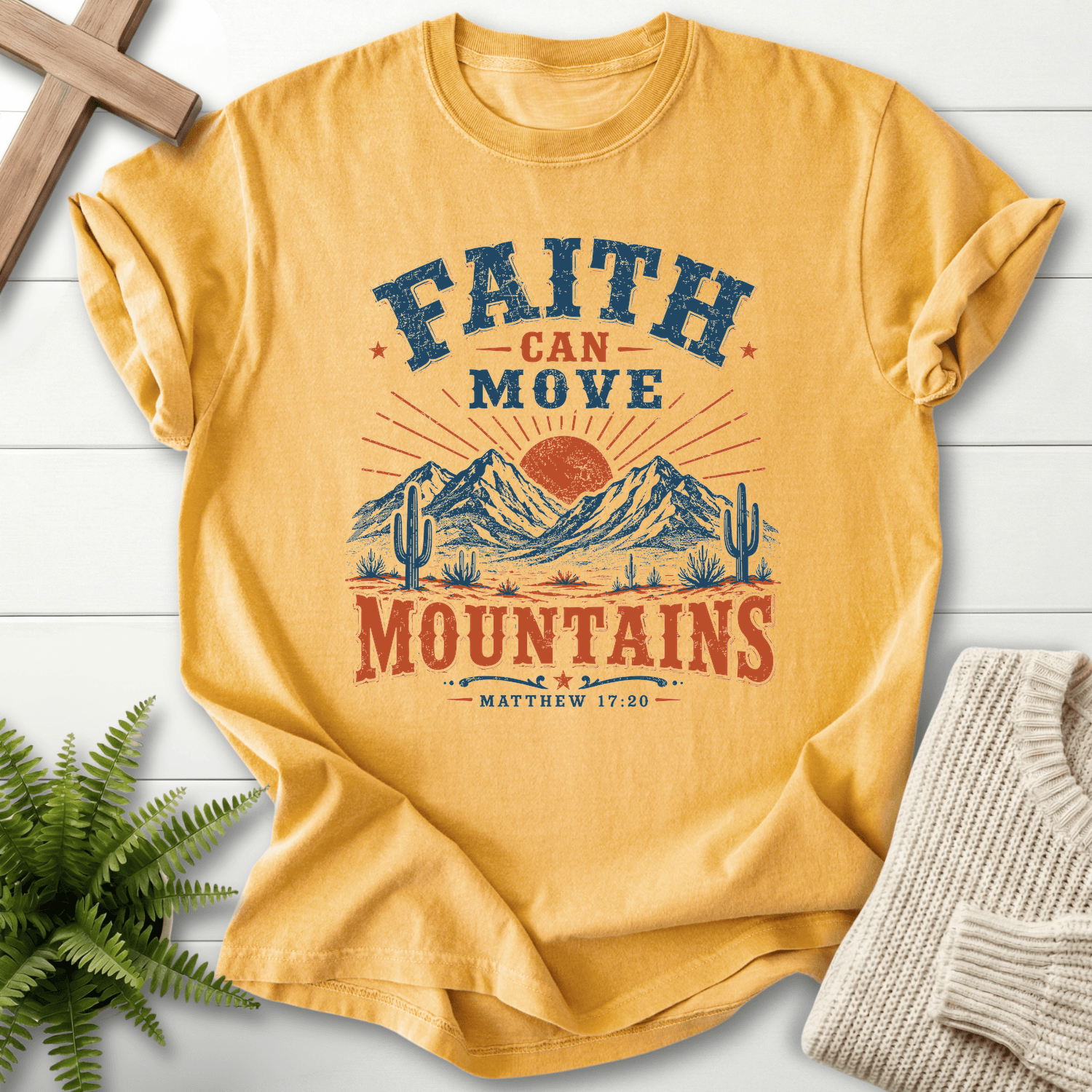 Faith Can Move Mountains Matt 17 20 T-Shirt in Mustard | She Wears Faith