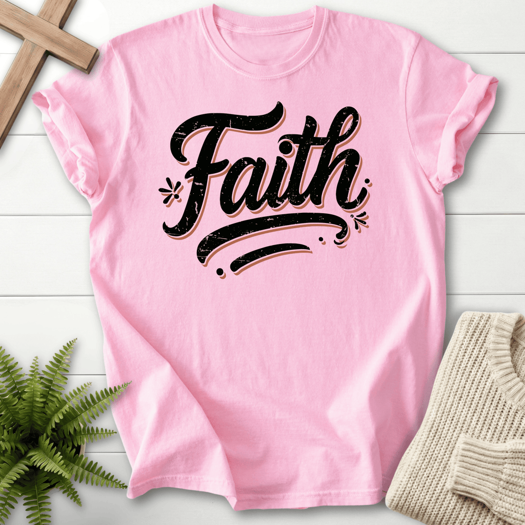 Blossom Christian t-shirt for women with large bold distressed script lettering, She Wears Faith.