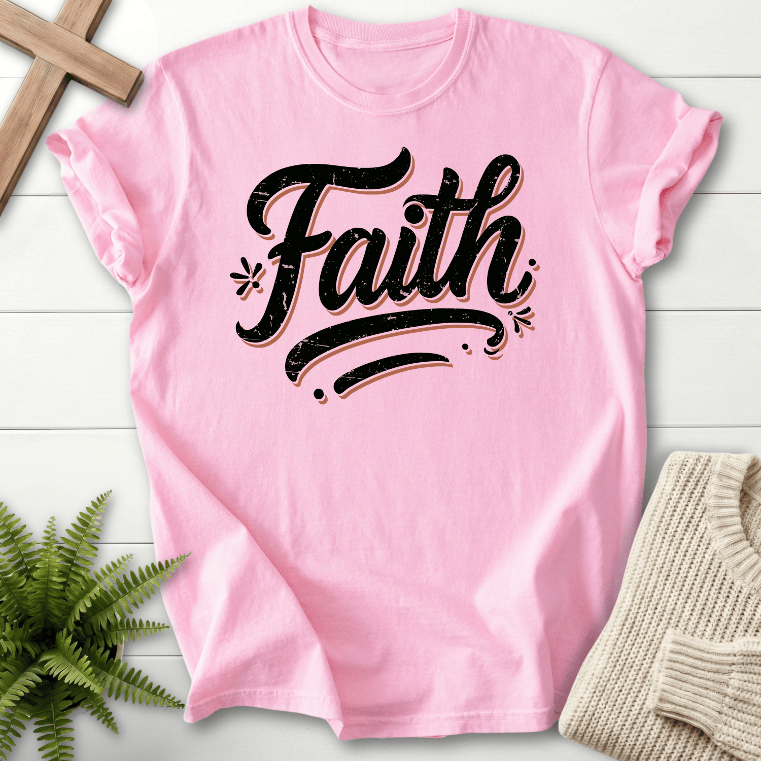 Blossom Christian t-shirt for women with large bold distressed script lettering, She Wears Faith.