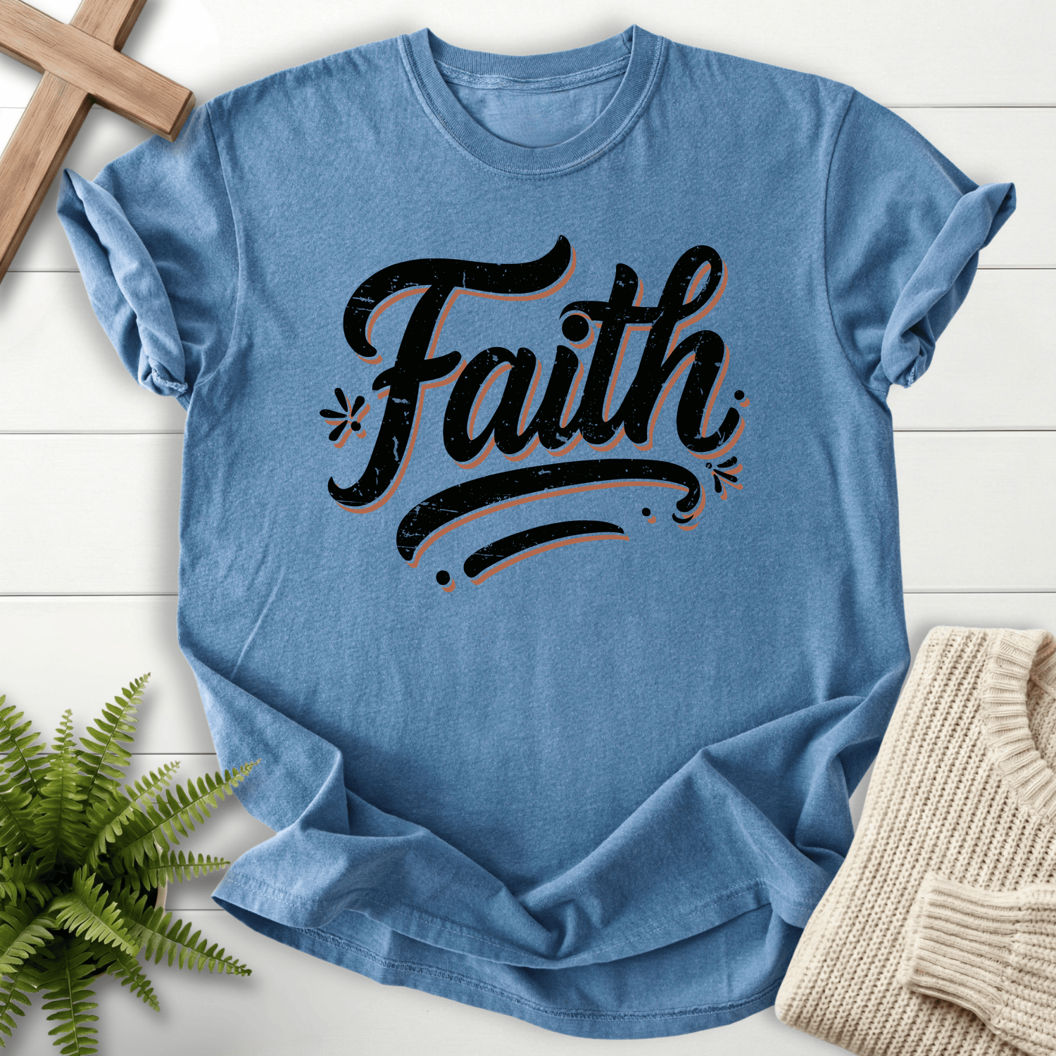 Blue Jean Christian t-shirt for women with large vintage script in bold distressed ink lettering.