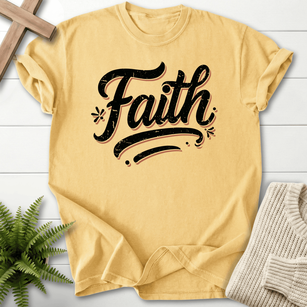 Butter yellow Christian t-shirt for women with bold distressed typography and floral detail.