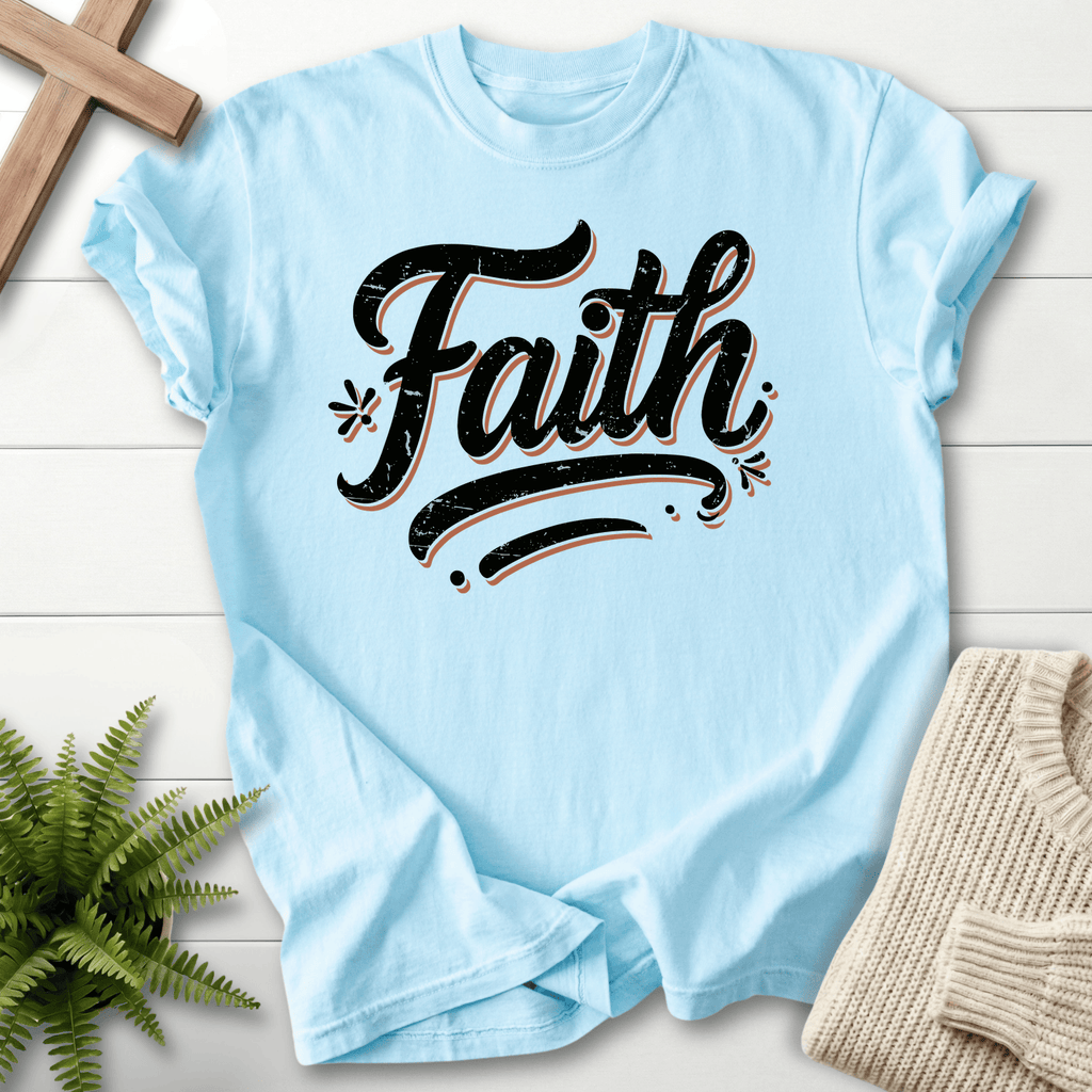 Chambray Christian t-shirt for women with vintage distressed ink script on a garment-dyed tee.