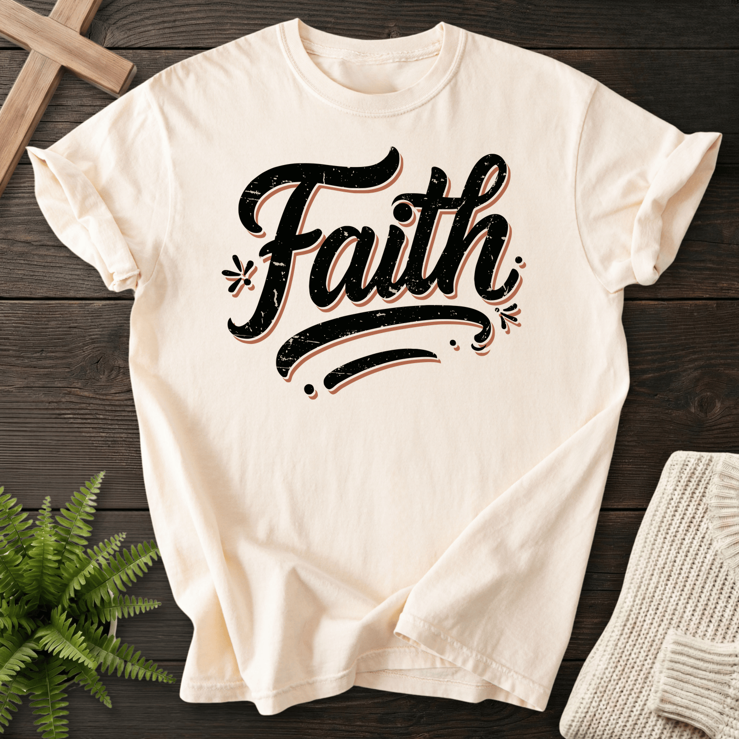 Ivory Christian t-shirt for women with large bold vintage script and distressed ink texture design, Comfort Colors 1717.