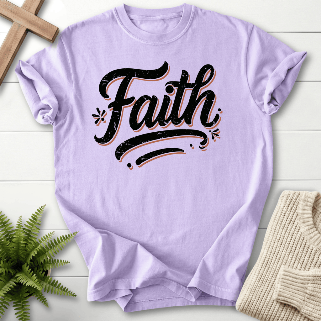 Orchid Christian t-shirt for women with large vintage typography and decorative swash accents.