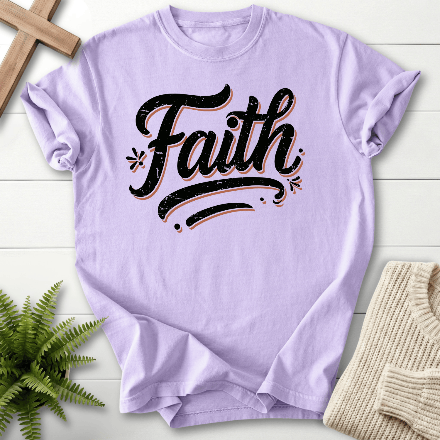 Orchid Christian t-shirt for women with large vintage typography and decorative swash accents.