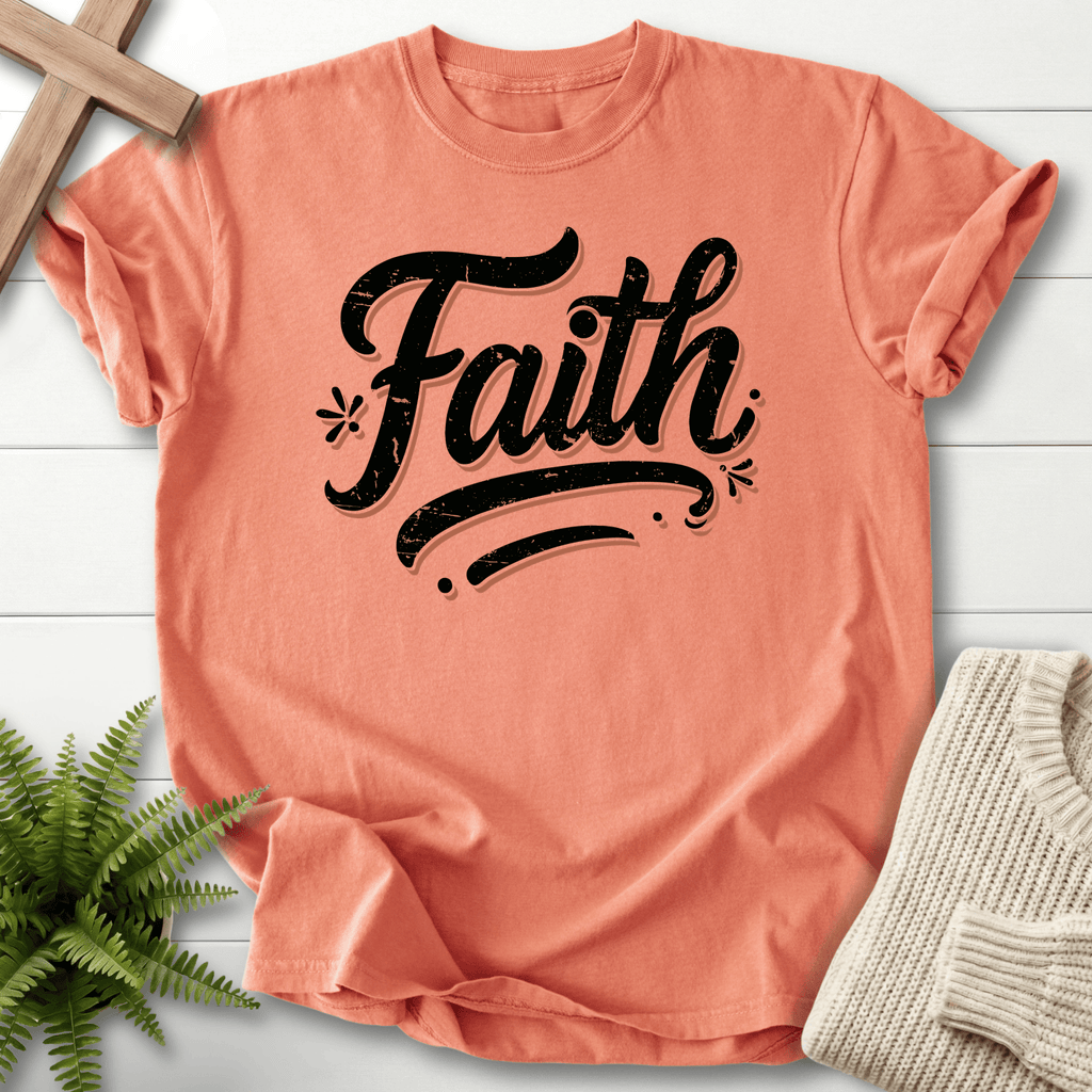 Terracotta Christian t-shirt for women with large vintage distressed script lettering and floral accents.