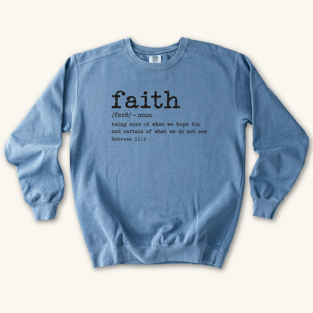 Blue Jean Faith Definition sweatshirt flat lay mockup, Hebrews 11:1 Christian apparel for women