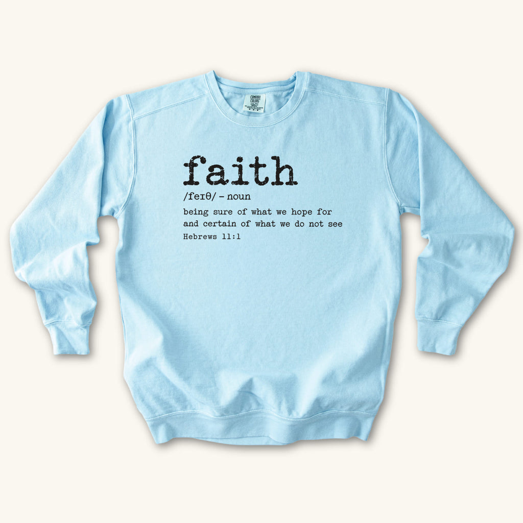 Chambray Faith Definition sweatshirt flat lay mockup, Hebrews 11:1 Christian apparel for women