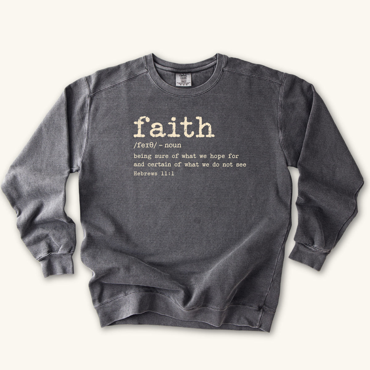 Pepper Faith Definition sweatshirt flat lay mockup, Hebrews 11:1 Christian apparel for women