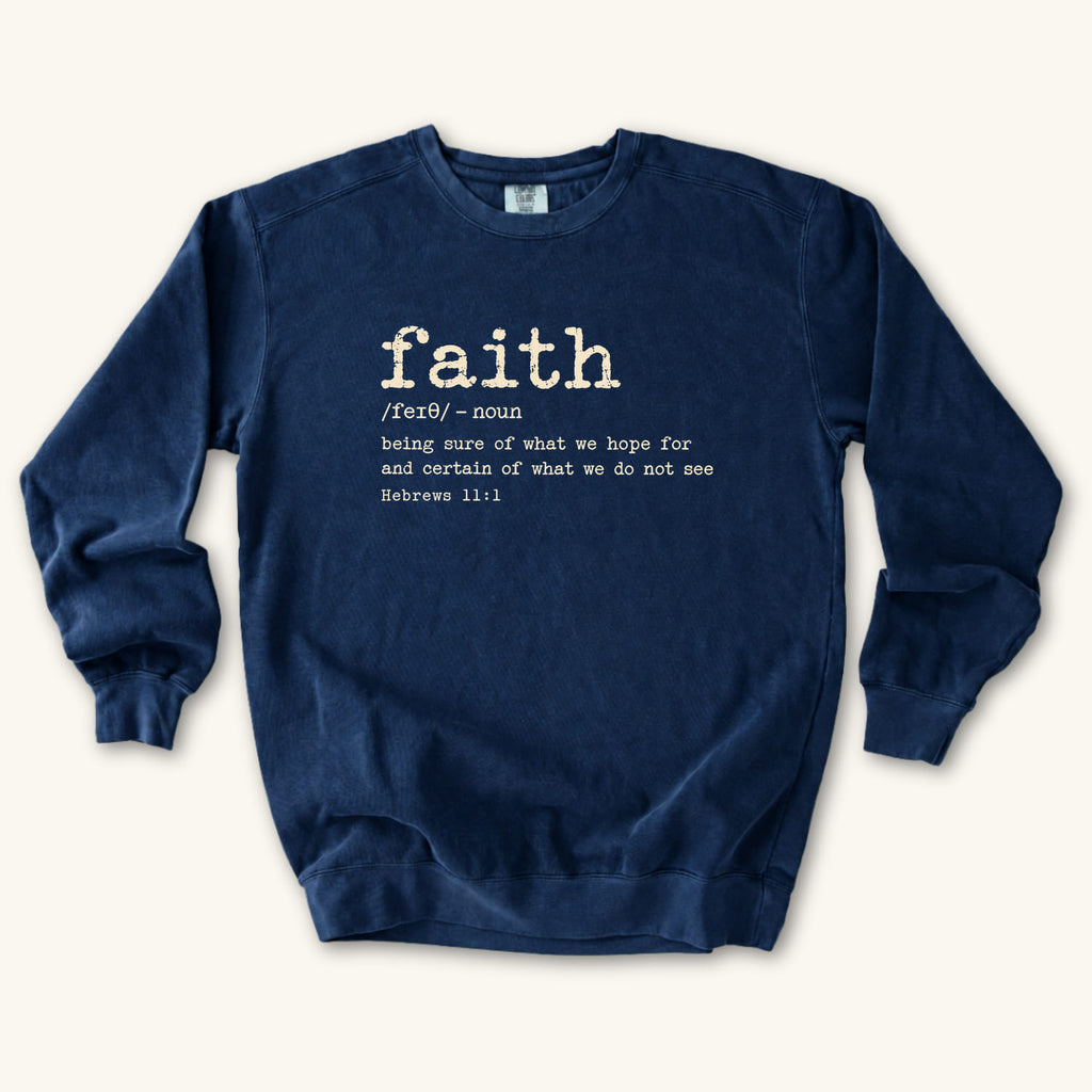 True Navy Faith Definition sweatshirt flat lay mockup, Hebrews 11:1 Christian apparel for women