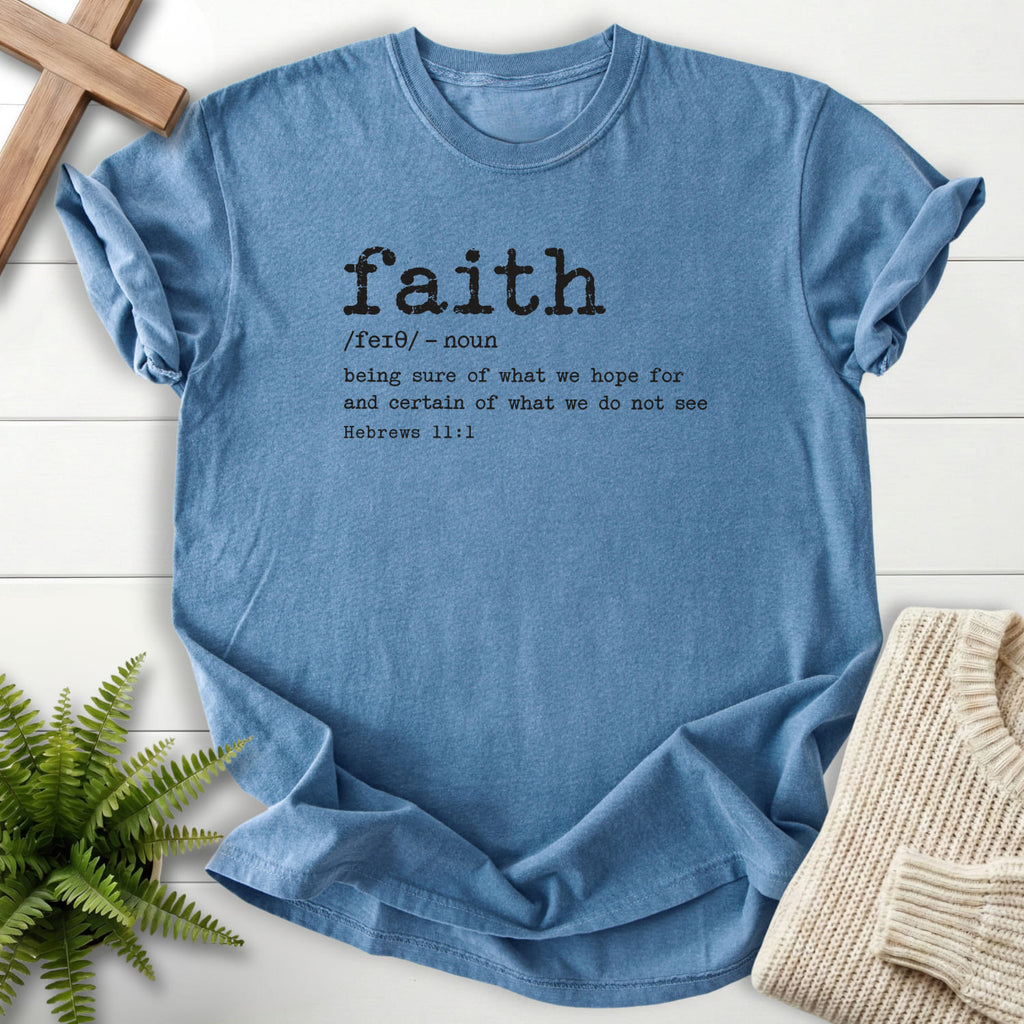 Blue Jean Faith Definition T-shirt flat lay mockup, Hebrews 11:1 Christian apparel for women