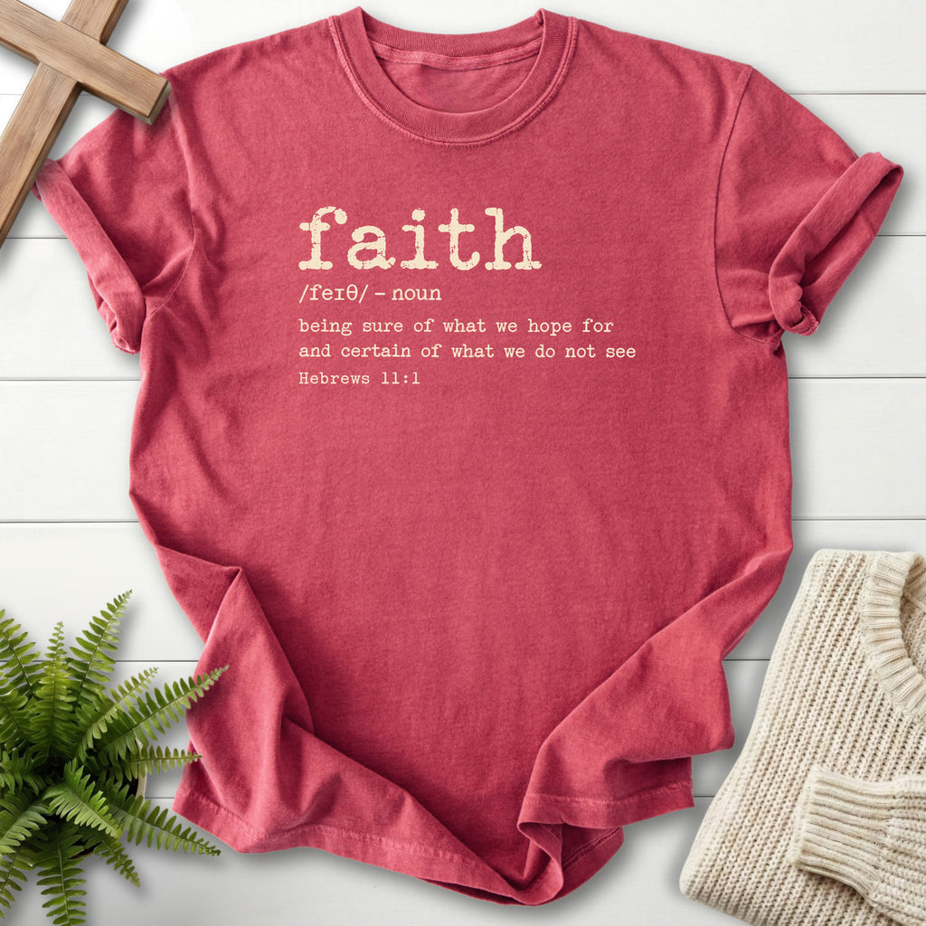 Crimson Faith Definition T-shirt flat lay mockup, Hebrews 11:1 Christian apparel for women