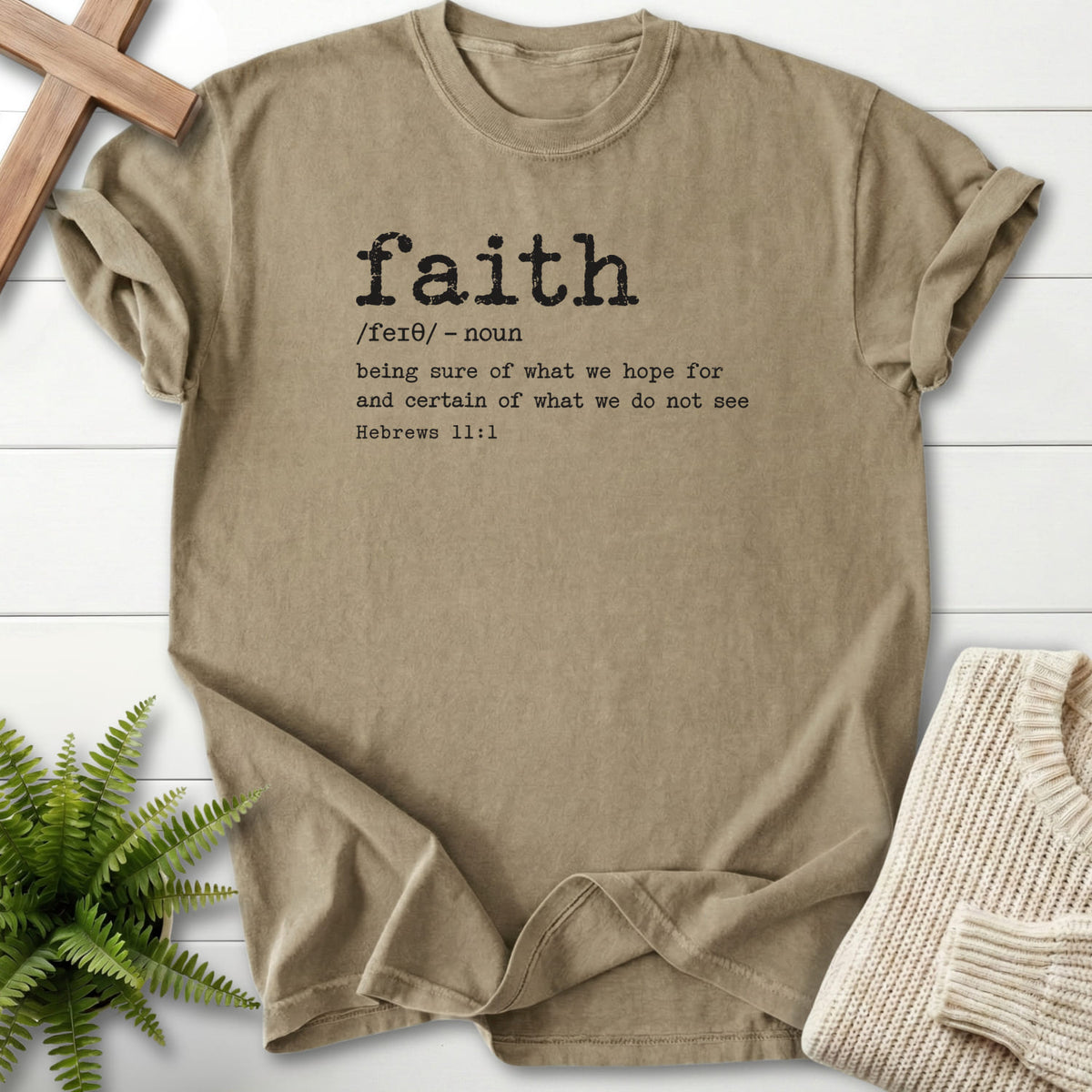 Khaki Faith Definition T-shirt flat lay mockup, Hebrews 11:1 Christian apparel for women