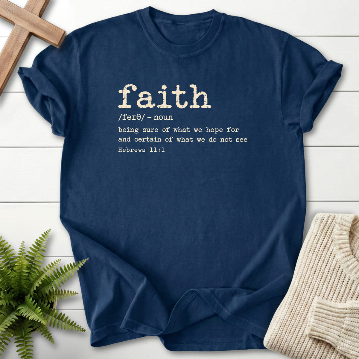 Navy Faith Definition T-shirt flat lay mockup, Hebrews 11:1 Christian apparel for women