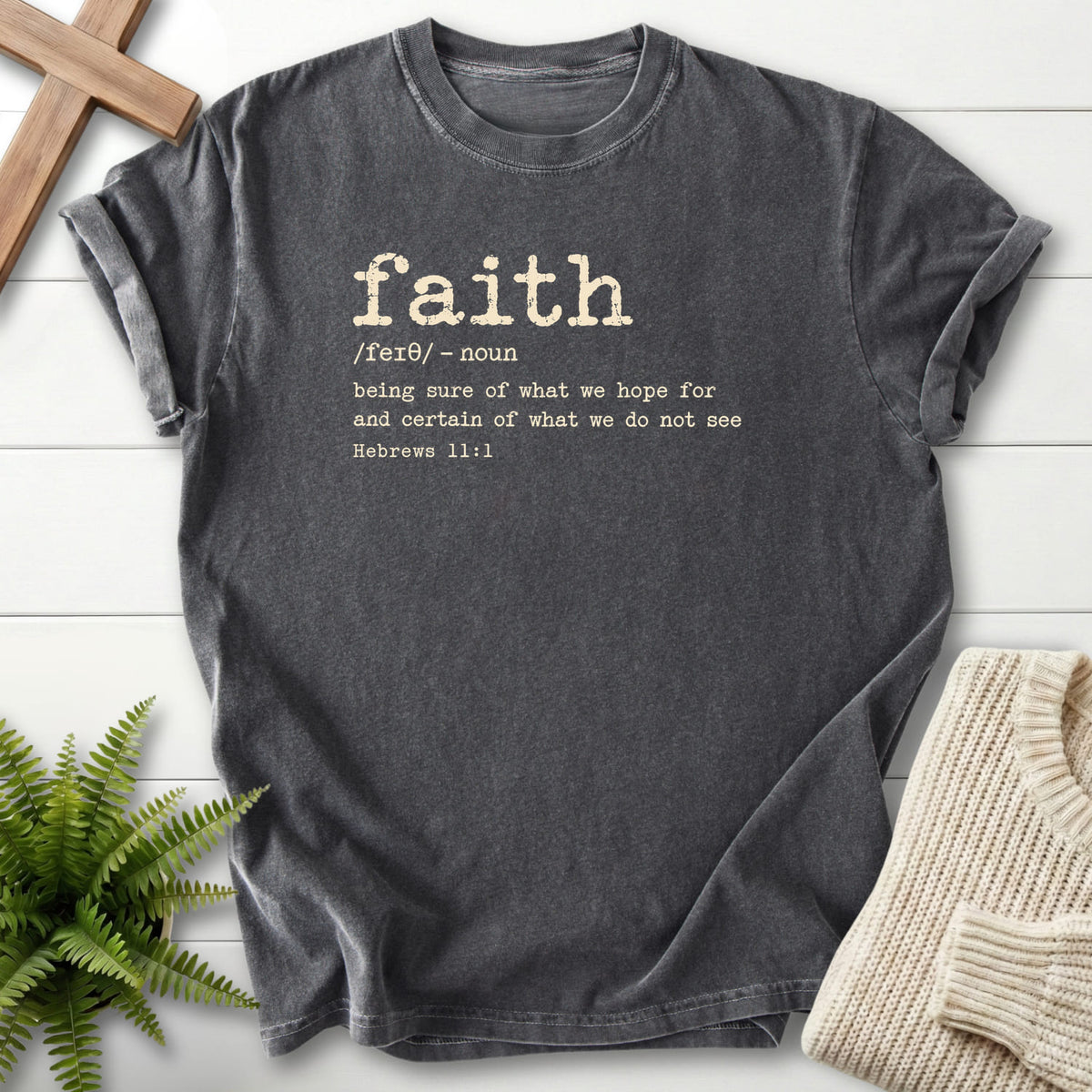 Pepper Faith Definition T-shirt flat lay mockup, Hebrews 11:1 Christian apparel for women