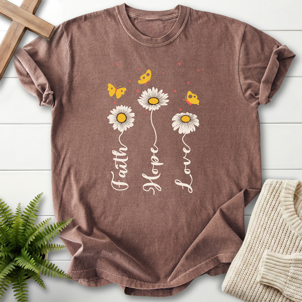 Espresso Christian t-shirt for women with a daisy stem design featuring white flowers, yellow butterflies, and heart details.