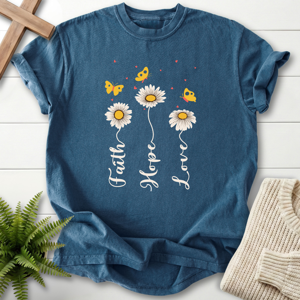 Midnight Christian t-shirt for women with a daisy stem script and butterfly accent design.