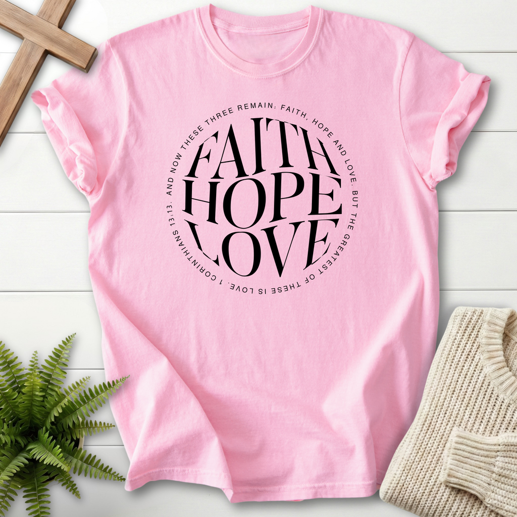 Blossom women's faith t-shirt with minimal circular stacked lettering, inspired by 1 Corinthians 13:13.
