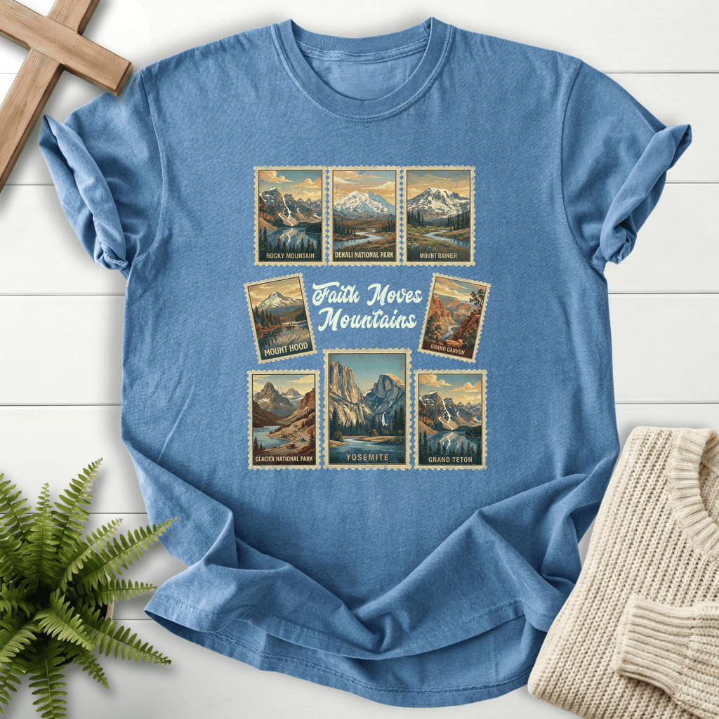 Blue Jean Christian t-shirt for women with a national park postage stamp grid design, She Wears Faith.