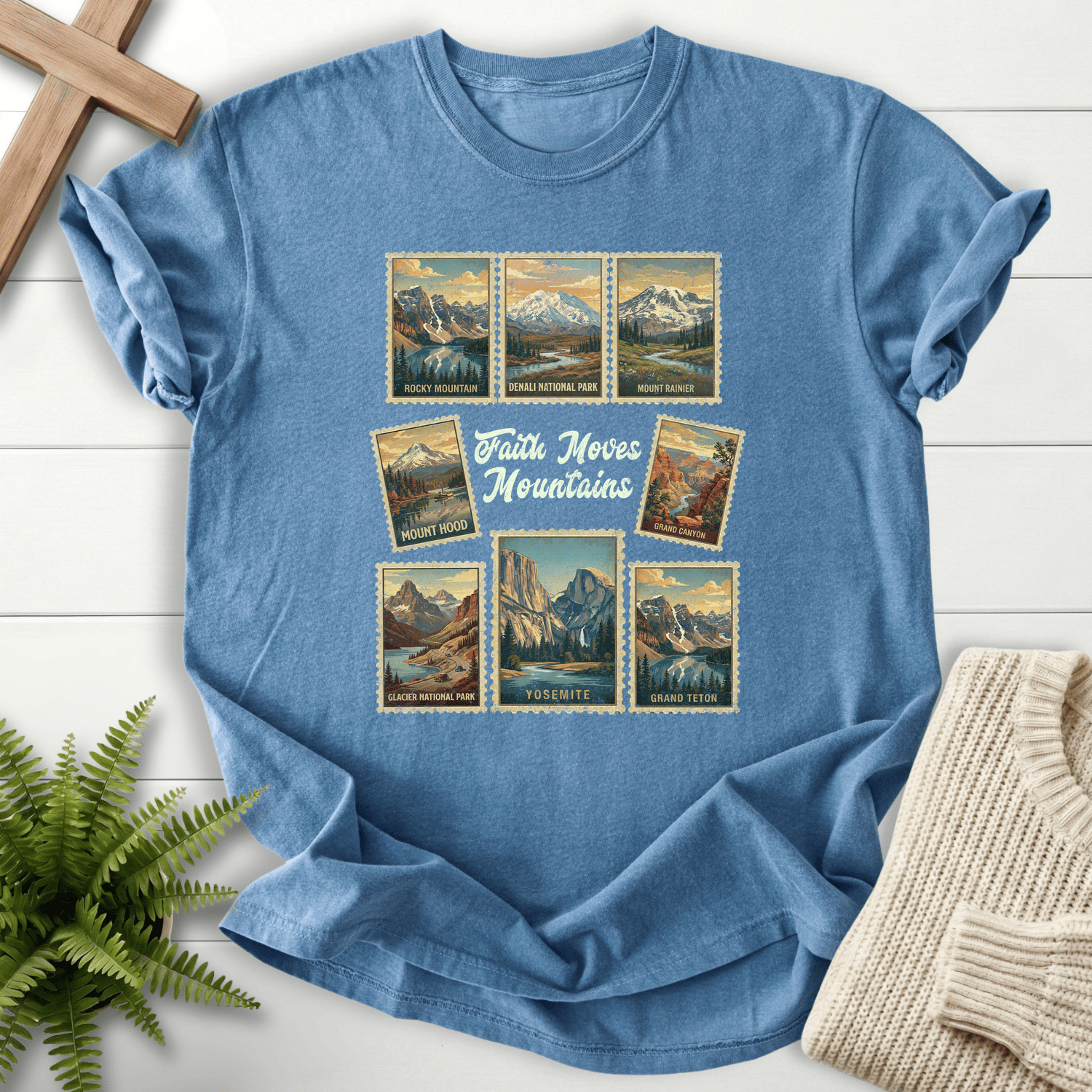 Blue Jean Christian t-shirt for women with a national park postage stamp grid design, She Wears Faith.