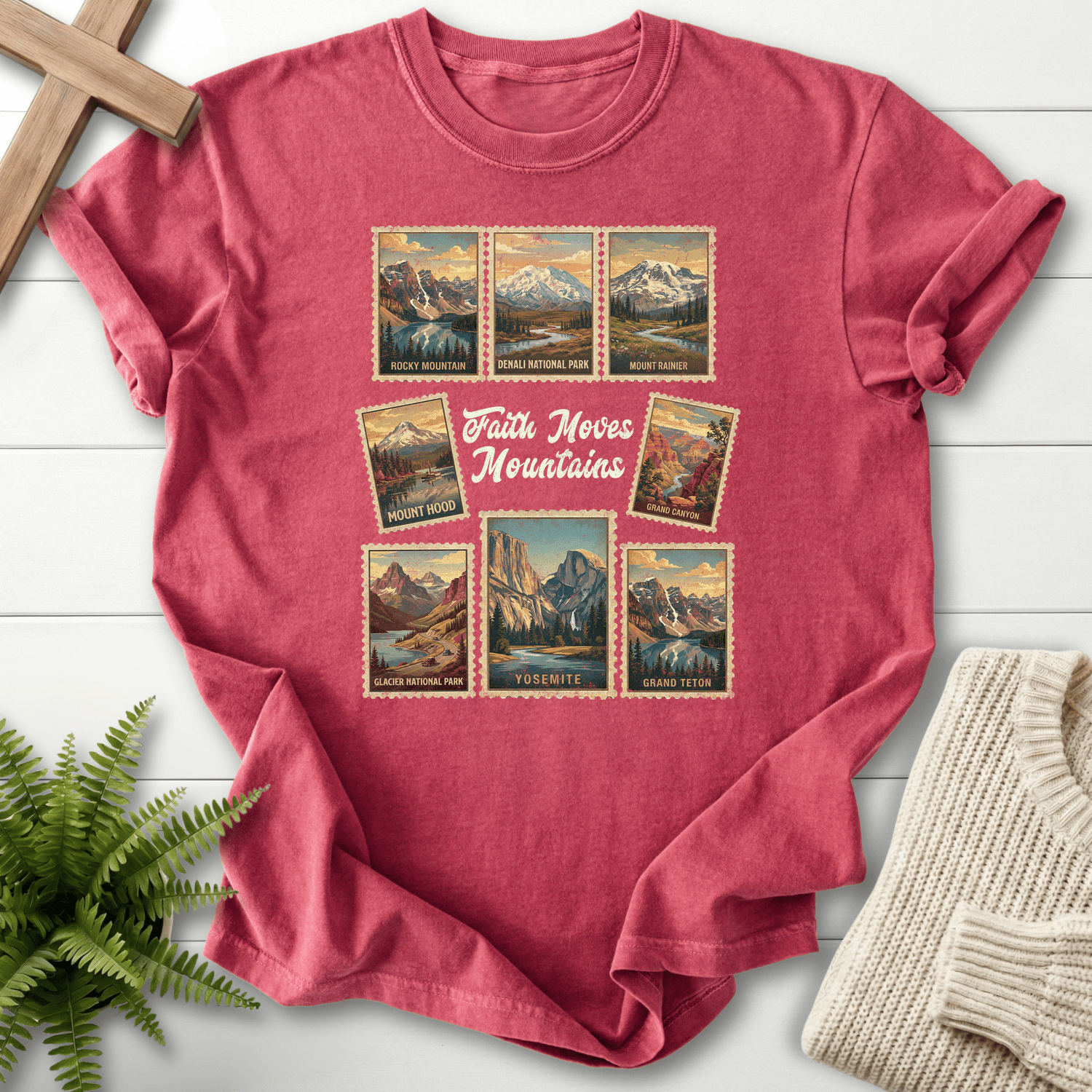 Crimson Christian t-shirt for women with a retro stamp collection featuring nine national park illustrations.
