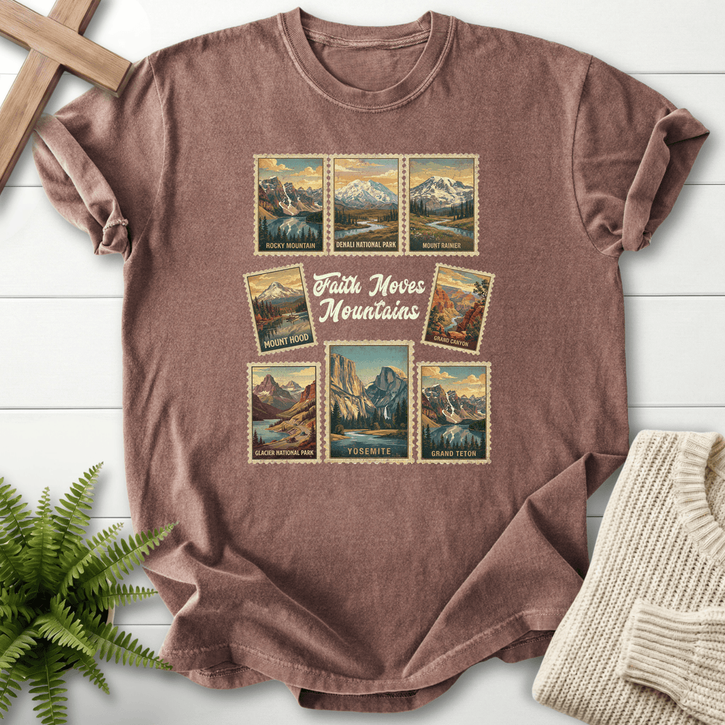 Espresso Christian t-shirt for women with a vintage travel stamp grid featuring Yosemite and Denali.