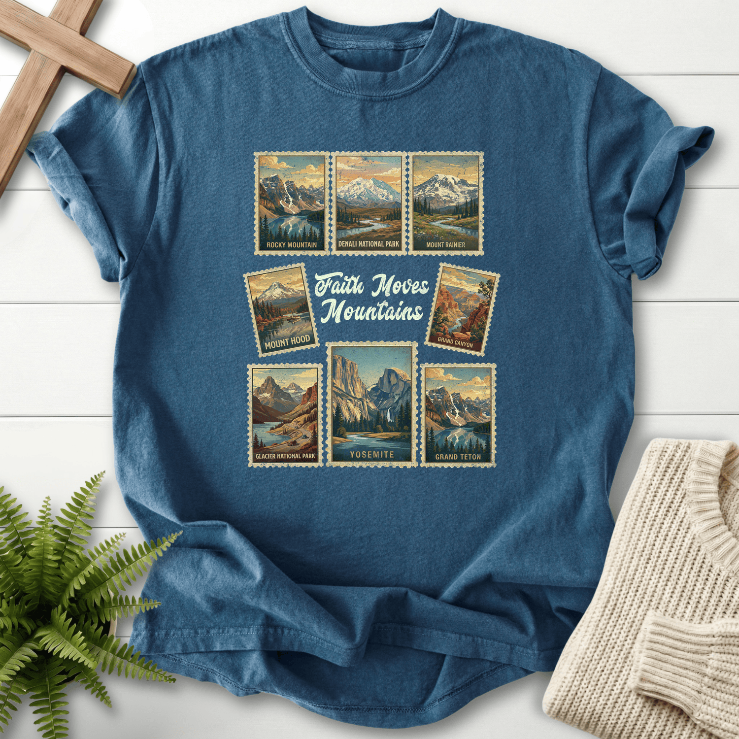 Midnight Christian t-shirt for women with a vintage national park stamp illustration design.