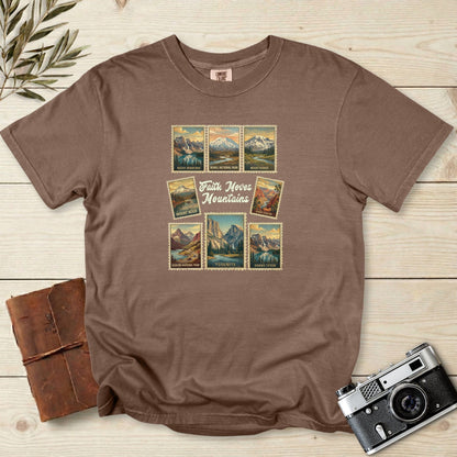 Comfort Colors 1717 espresso Christian women tshirt with retro national park stamp artwork and the uplifting phrase ‘Faith Moves Mountains.’ Outdoor travel style faith wear for Christian women who love nature and adventure