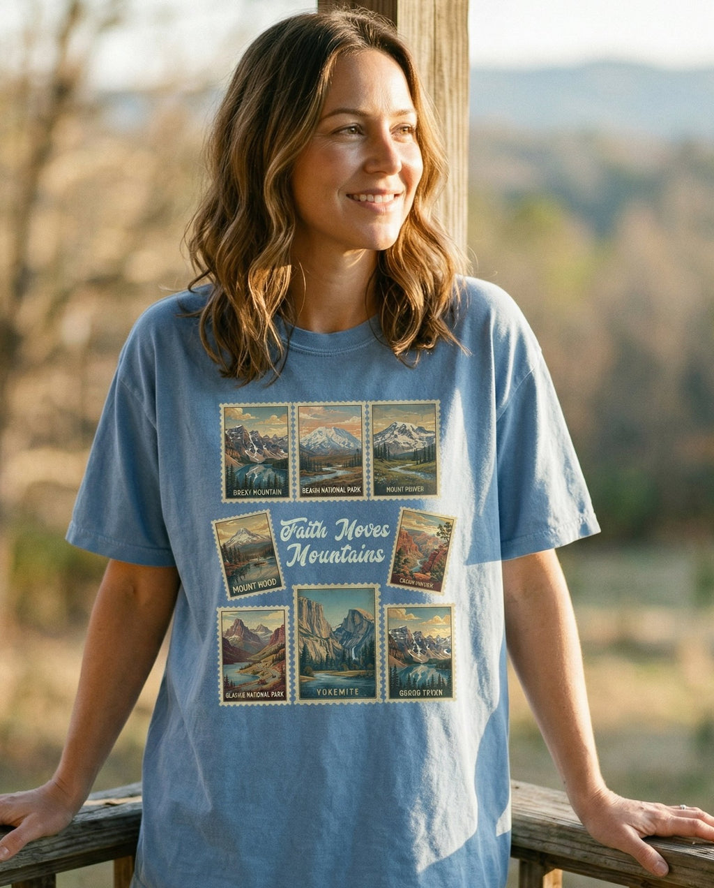Faith Moves Mountain – Blue Jean women's Christian tee, lifestyle photo in sunny porch – Grid of nine vintage national park postage stamp illustrations (Rocky  – She Wears Faith