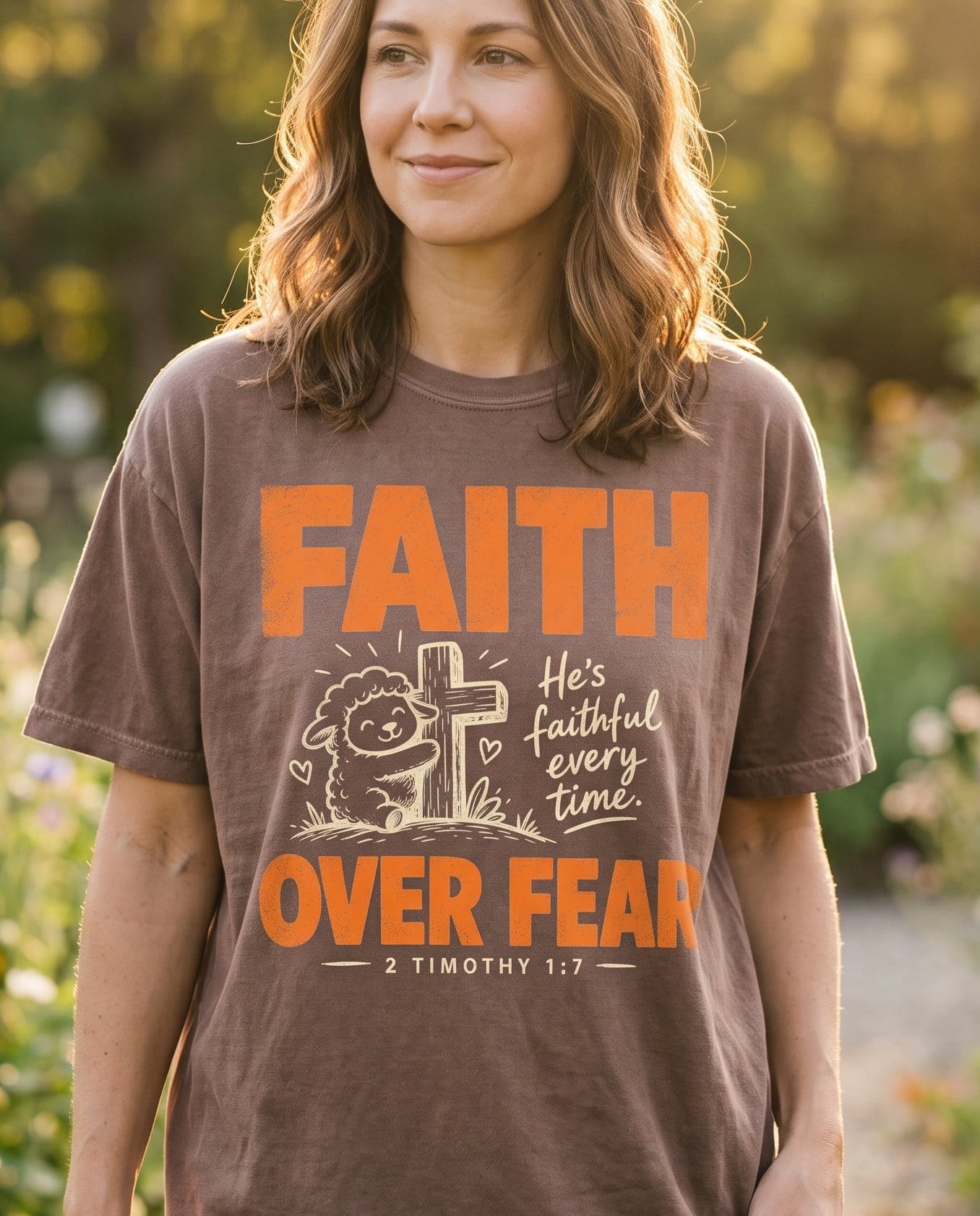 Faith Over Fear Lamb 2 Timothy 1:7 – Espresso women's Christian tee, lifestyle photo in outdoor garden – Bold orange capital 'Faith Over Fear' lettering with a small lamb hugg – 2 Timothy 1:7 – She Wears Faith