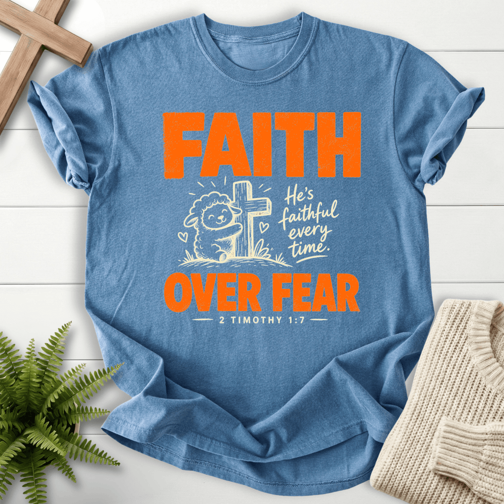 Faith Over Fear Cute Lamb T-Shirt in Blue Jean | She Wears Faith