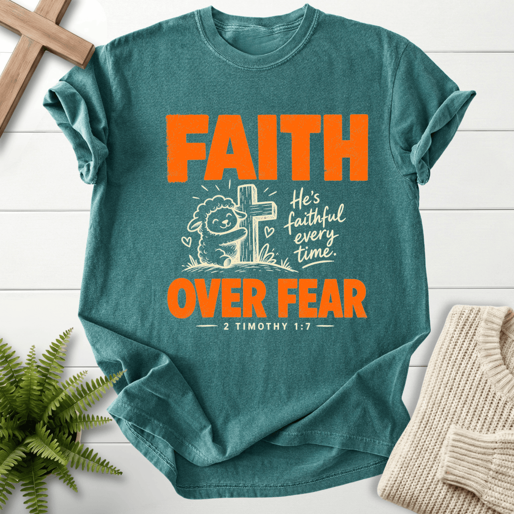 Faith Over Fear Cute Lamb T-Shirt in Blue Spruce | She Wears Faith