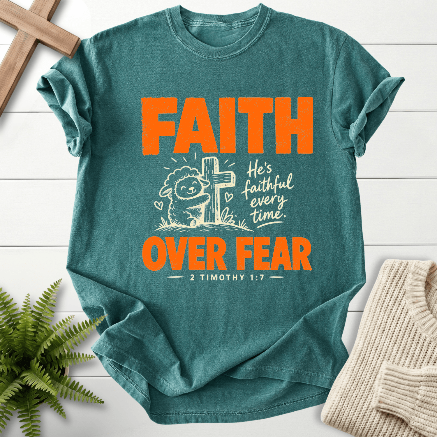 Faith Over Fear Cute Lamb T-Shirt in Blue Spruce | She Wears Faith