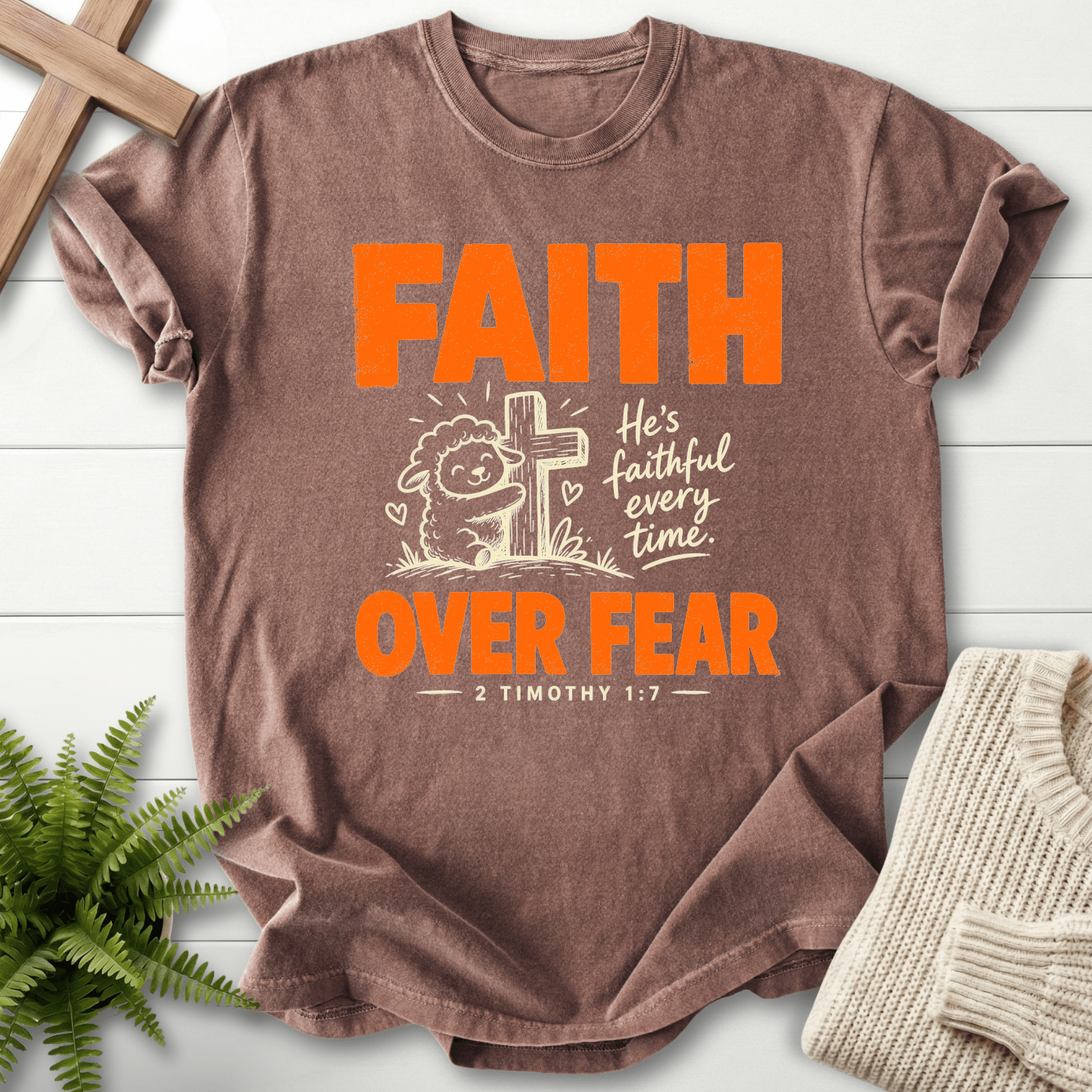 Faith Over Fear Cute Lamb T-Shirt in Espresso | She Wears Faith