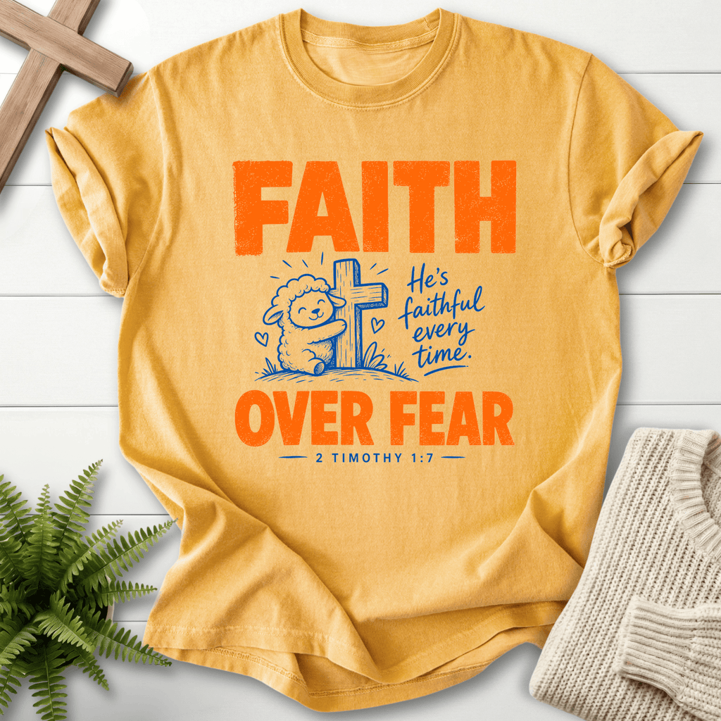 Faith Over Fear Cute Lamb T-Shirt in Mustard | She Wears Faith